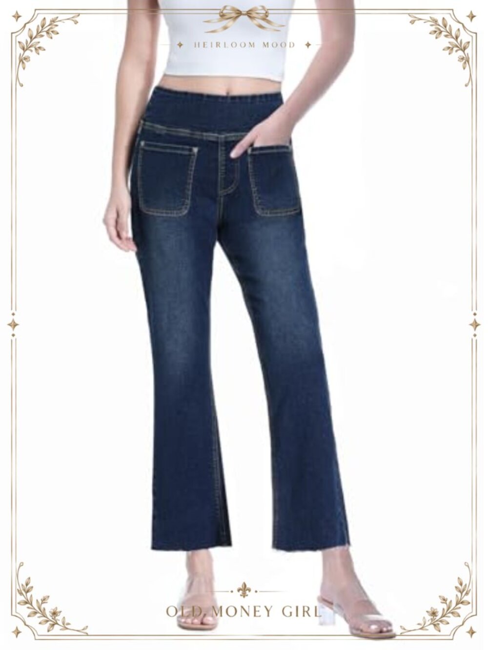Women's Cropped Pull On Jeans High Waisted Stretchy Flared Bootcut Denim